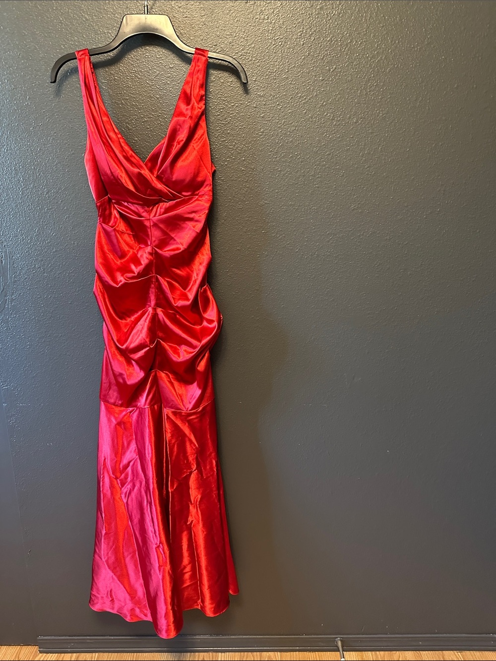 Xscape Red Satin Ruched V-Neck Maxi Dress